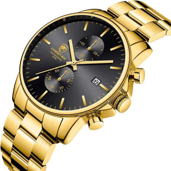 GOLDEN HOUR Men's Gold Black Stainless Steel Chronograph Quartz Watch Waterproof - Picture 2 of 7